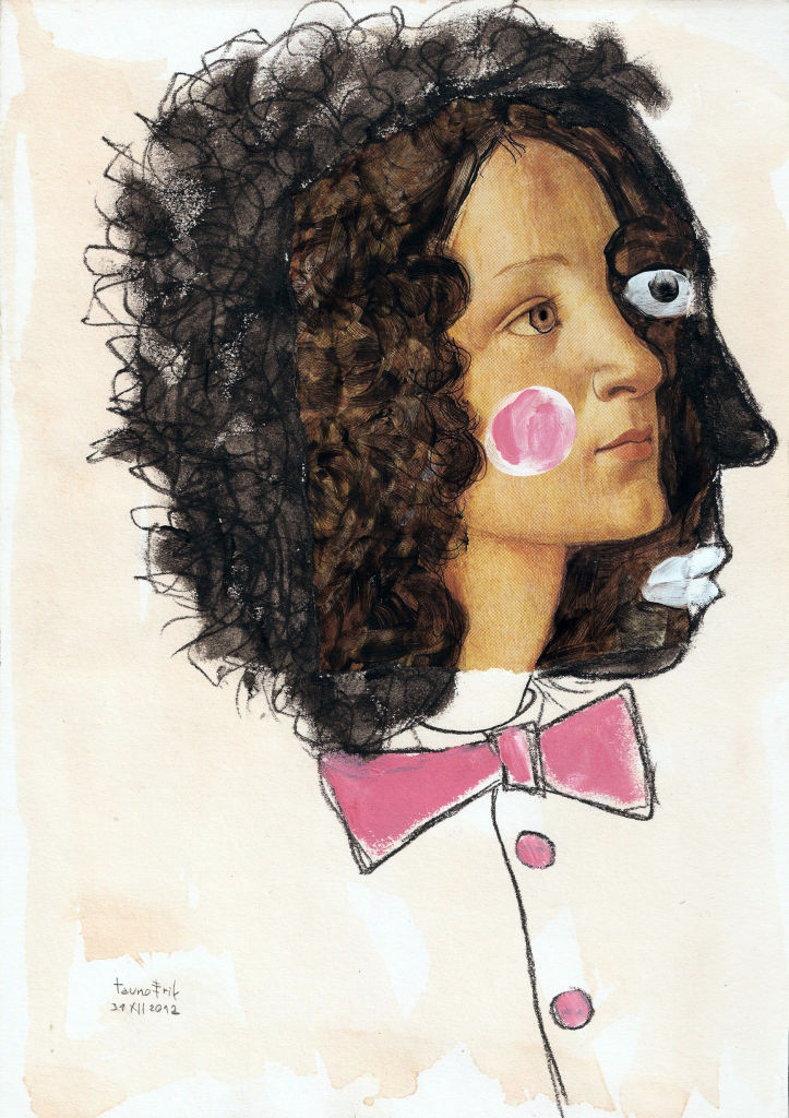 Pick up your new year's face. Collage on paper. Tauno Erik