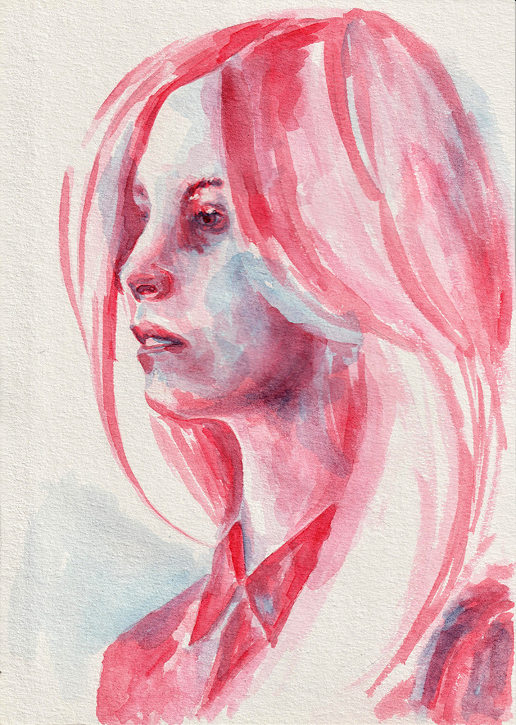 Girl in red shirt. Watercolor. Tauno Erik