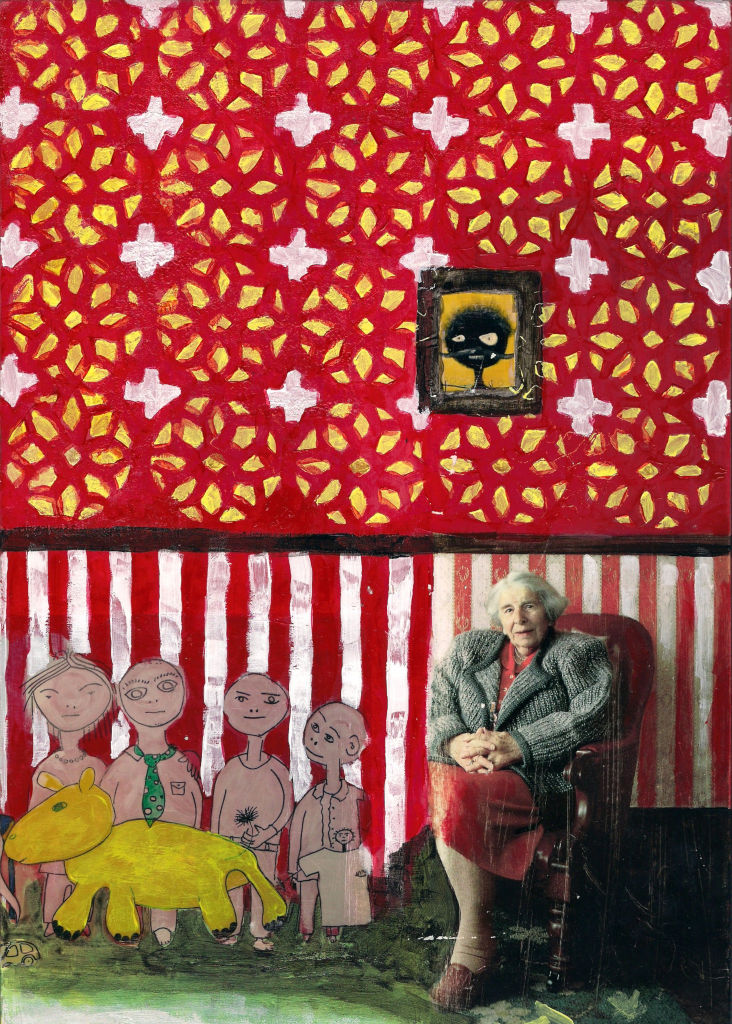 Grandma and her family. Collage on wood. Tauno Erik