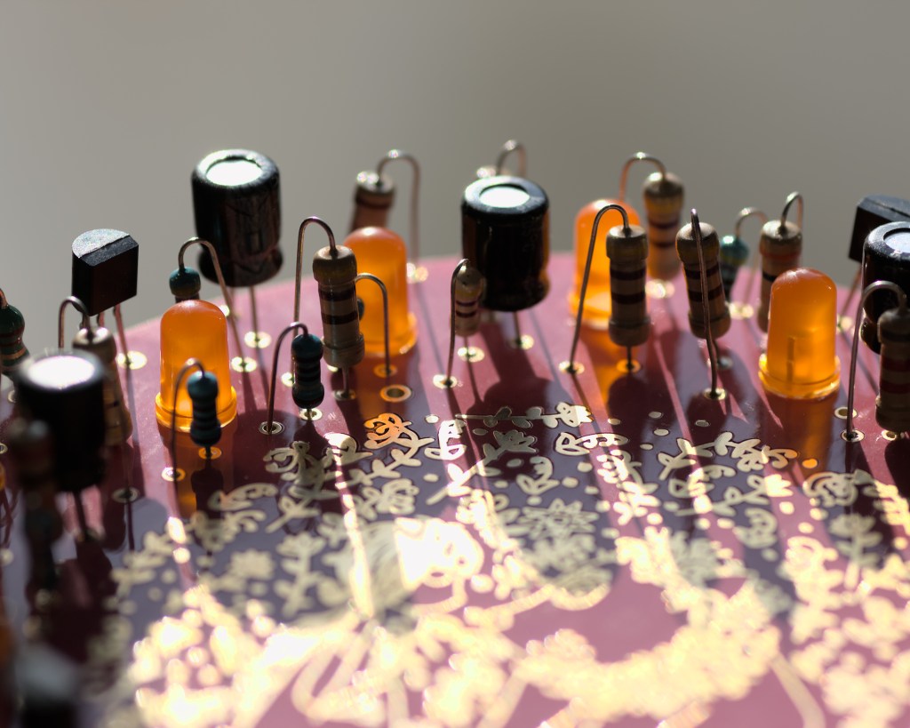 Pink PCB, circuit sculpture. 2022 Tauno Erik